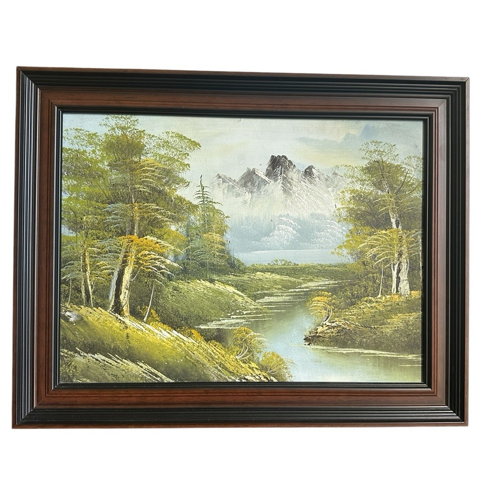 VTG Original Oil Painting 14x19 Inch Canvas‎ Mountain River Forest Framed READ